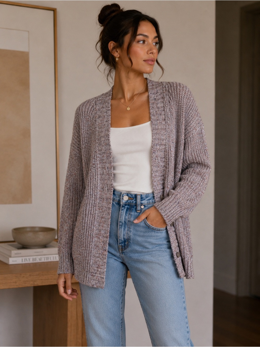 89th & Madison Marled Purple Grey Open Cardigan Sweater Size S Cozy Casual Knit